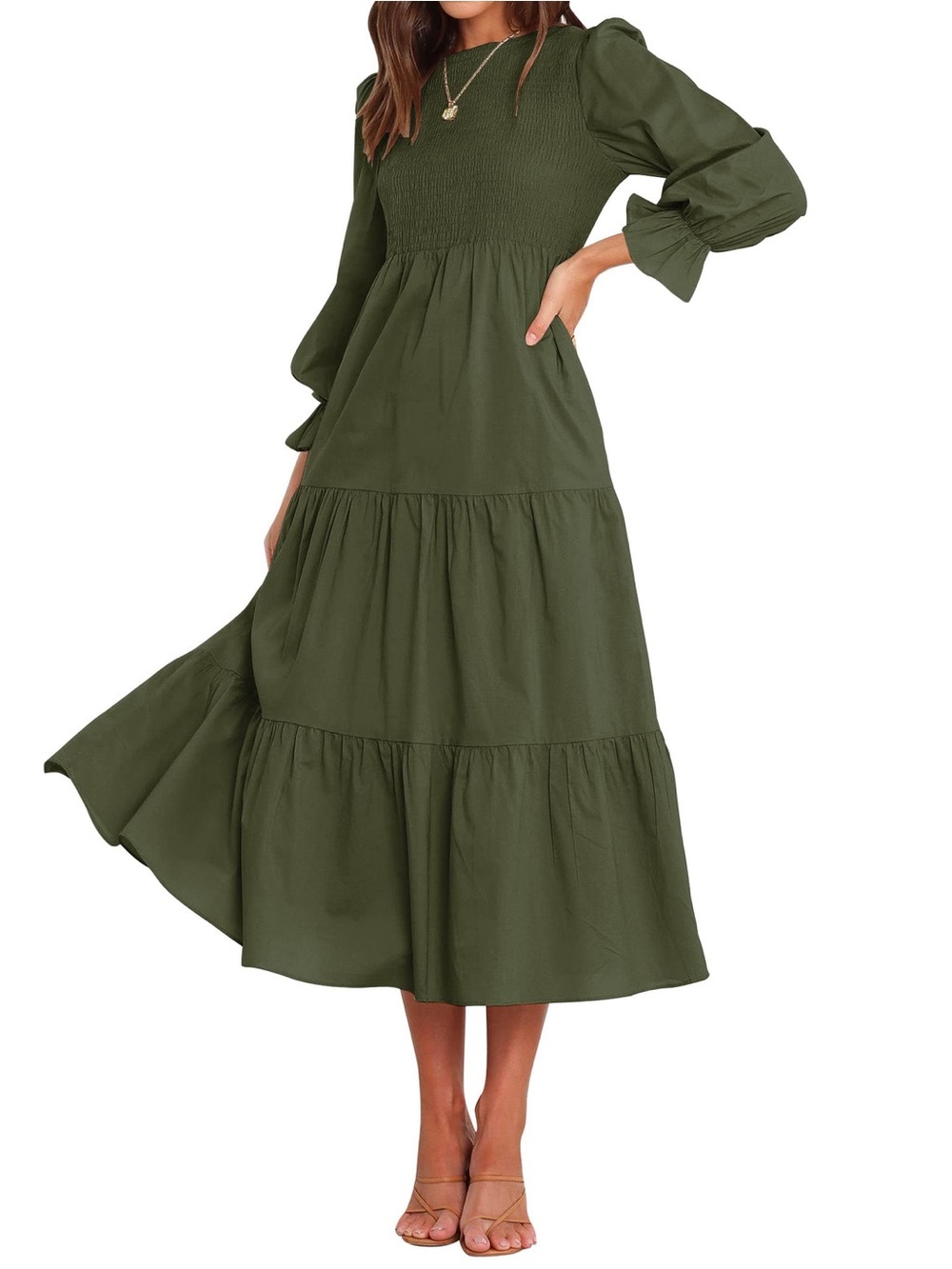 ZESICA LONG SLEEVE ELASTIC WAIST SMOCKED FLOWY TIERED MIDI DRES